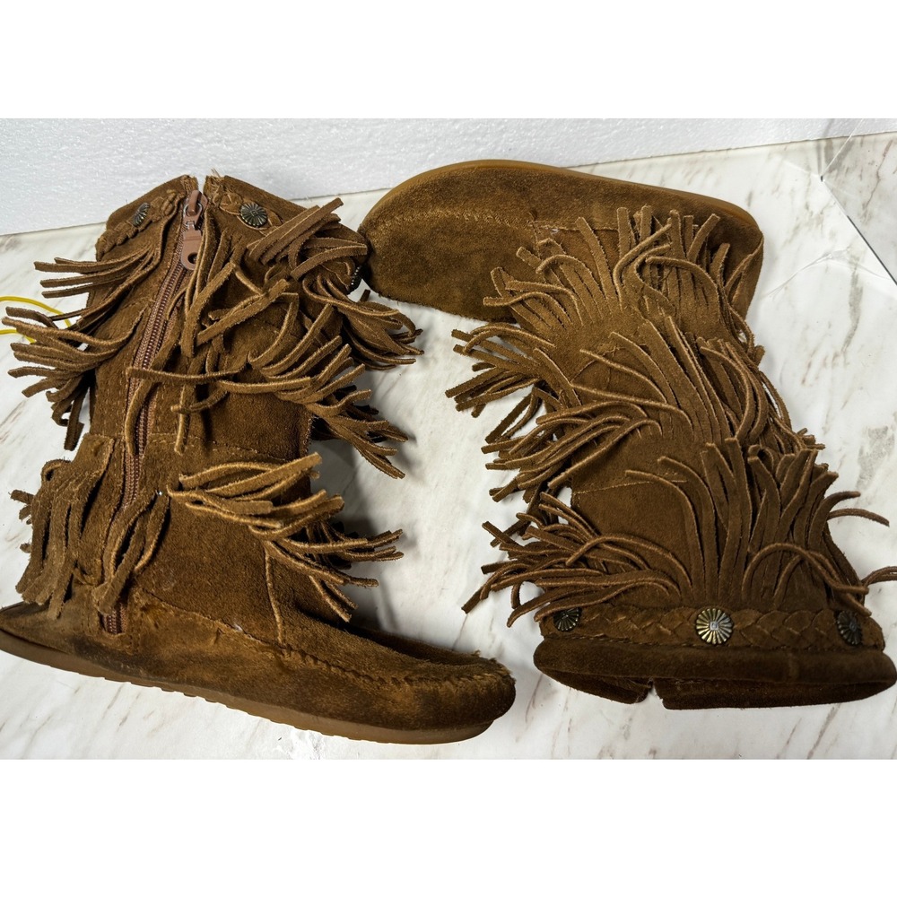 Minnetonka Kids 2658 3-Layer Fringe Brown Suede Moccasin Boots Size 2